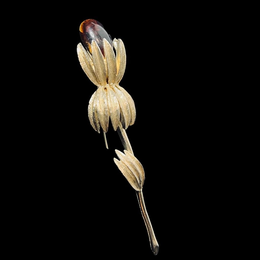 Vintage Gold Tone Long Stem Flower Brooch (5007) - Picture 5 of 9